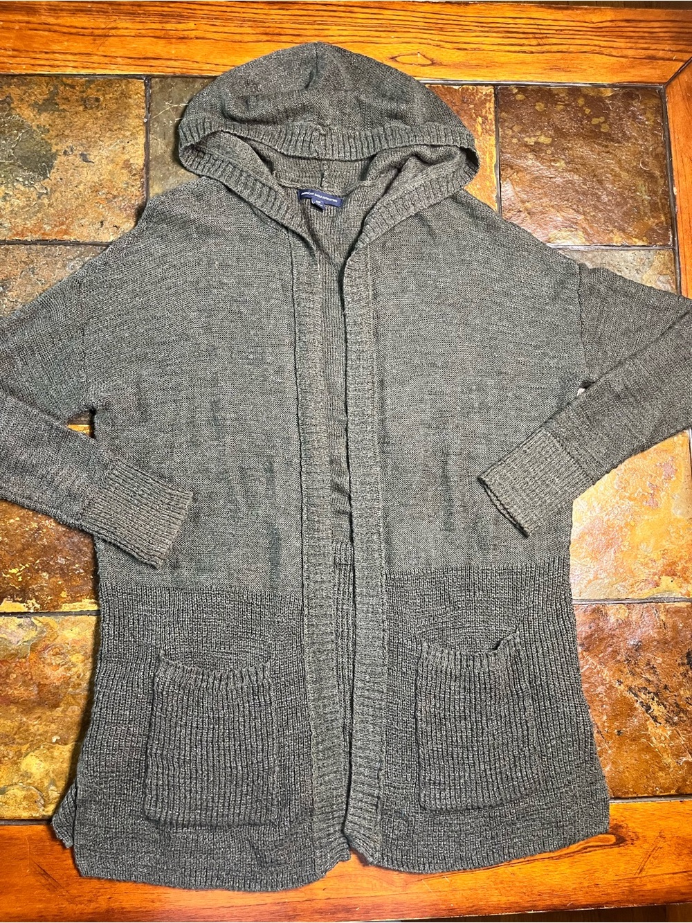 American Eagle Outfitters Green Hooded Open-Front Cardigan-Small